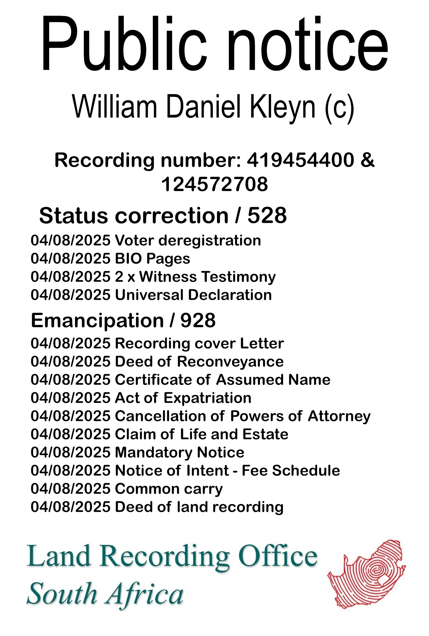 Public notice William Daniel Kleyn (c) Recording number 419454400 & 124572708